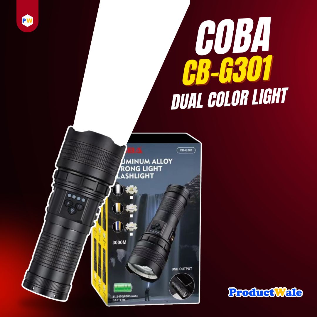 COBA CB-G301 dual color light flashlight with packaging on a dark background